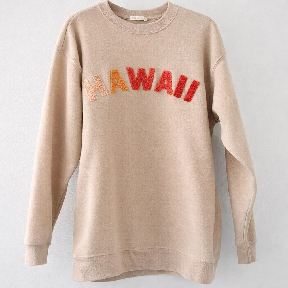 Ultra Flirt Tan Sweatshirt Hawaii Pullover Crew Nec XS Chenille Patch Sunset